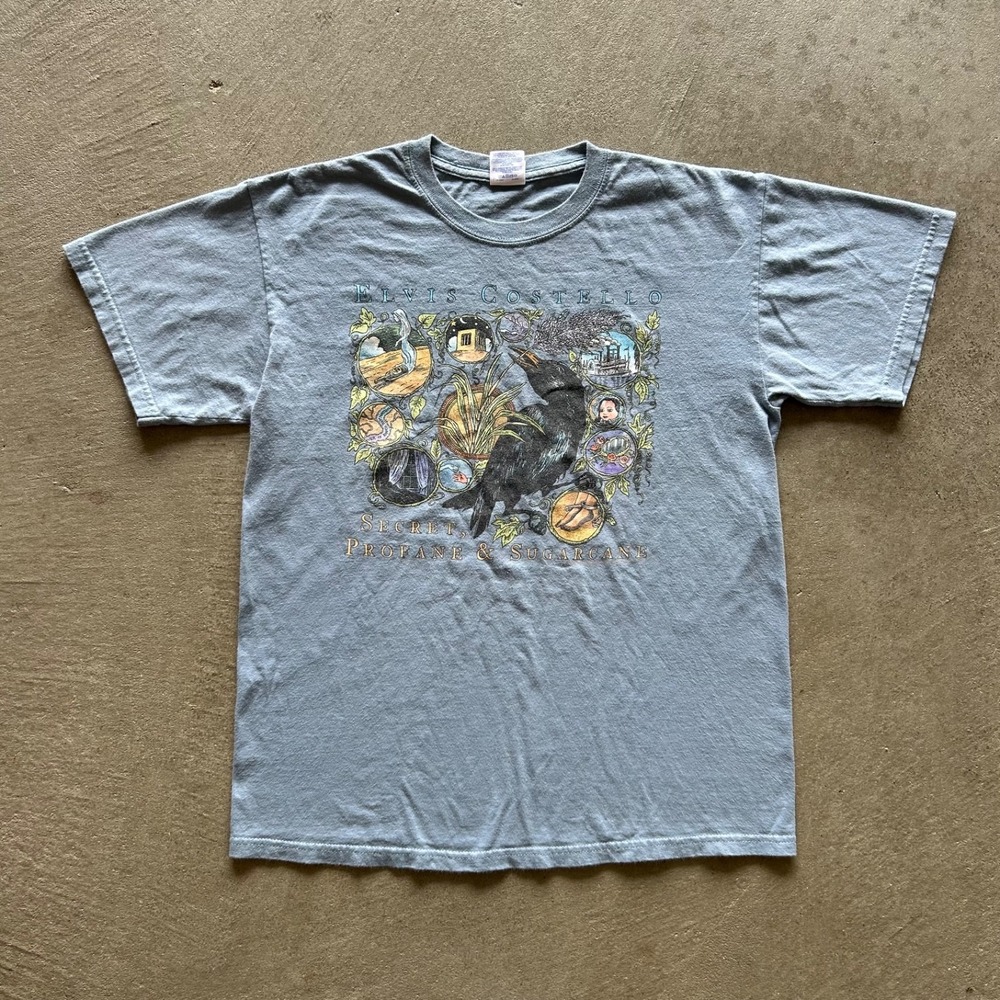 Vintage Elvis Costello Shirt Size Medium Blue 2009 Secret Profane & Sugarcane